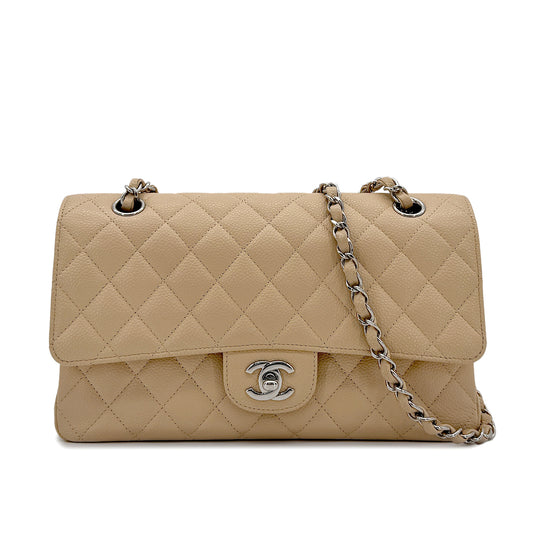 CHANEL CLASSIC FLAP MEDIUM CHAIN SHOULDER BAG BEIGE CAVIAR SKIN 90284407