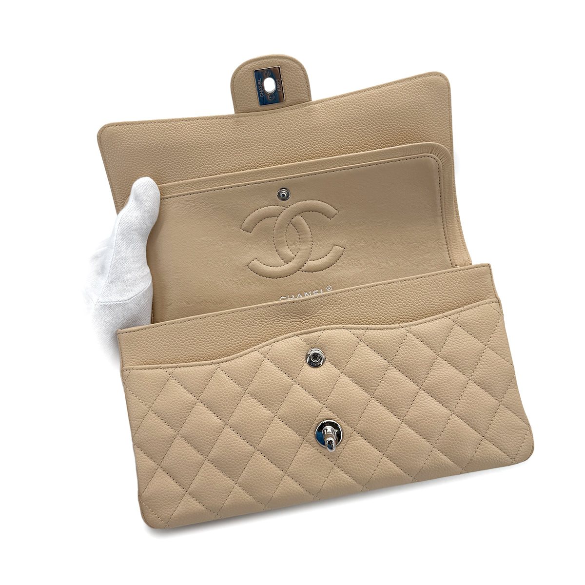 CHANEL CLASSIC FLAP MEDIUM CHAIN SHOULDER BAG BEIGE CAVIAR SKIN 90284407