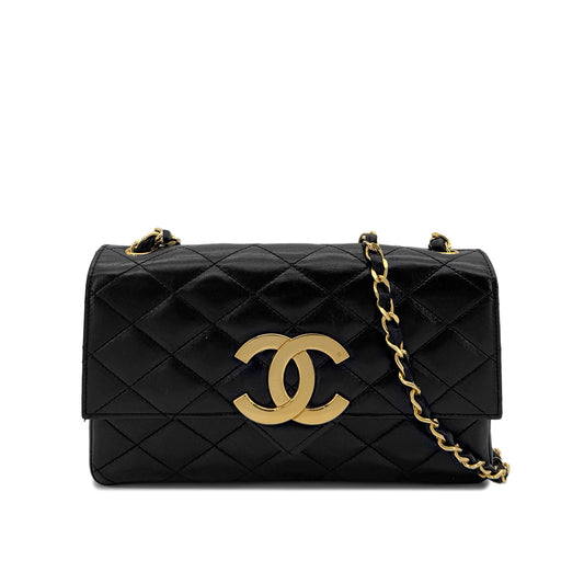 CHANEL VINTAGE MATELASSE BIG COCO CHAIN SHOULDER BAG BLACK LAMB SKIN 90284418