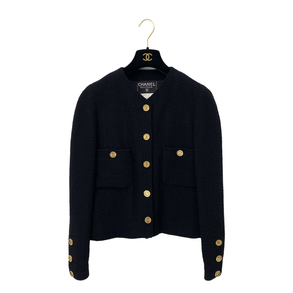 CHANEL VINTAGE TWEED JACKET COCO BUTTON BLACK WOOL 40 92 RTW 90284421