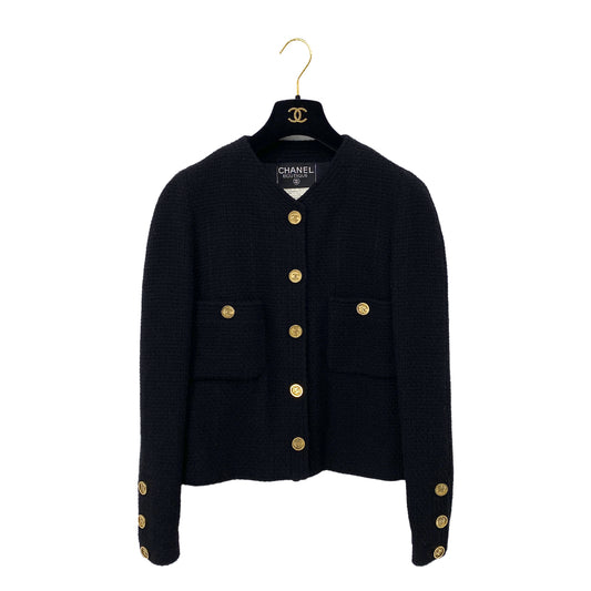 CHANEL VINTAGE TWEED JACKET COCO BUTTON BLACK WOOL 40 92 RTW 90284421