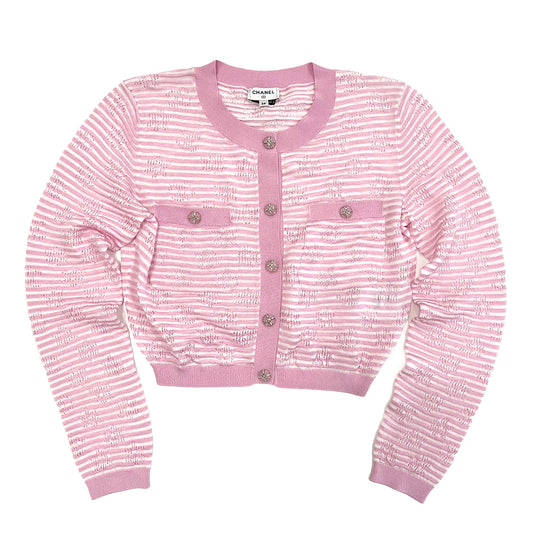 CHANEL CARDIGAN COCO MARK BORDER PATTERN PINK WHITE BISCOSE 34 P76 RTW 90284426