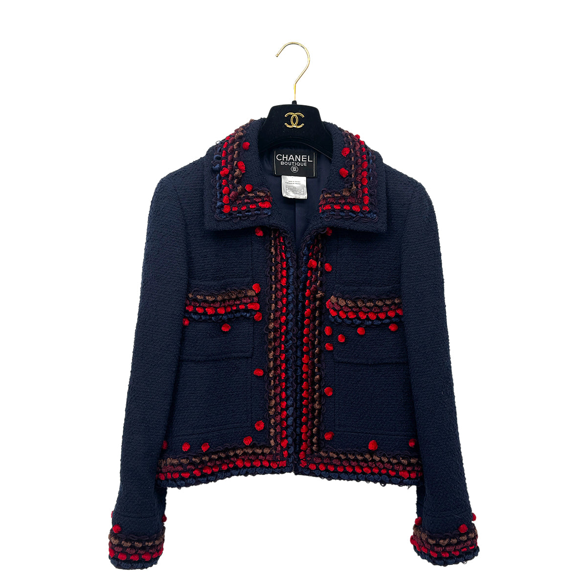 CHANEL VINTAGE TWEED JACKET NAVY RED WOOL 38 97A RTW 90284427