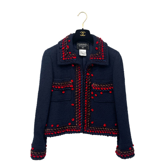 CHANEL VINTAGE TWEED JACKET NAVY RED WOOL 38 97A RTW 90284427