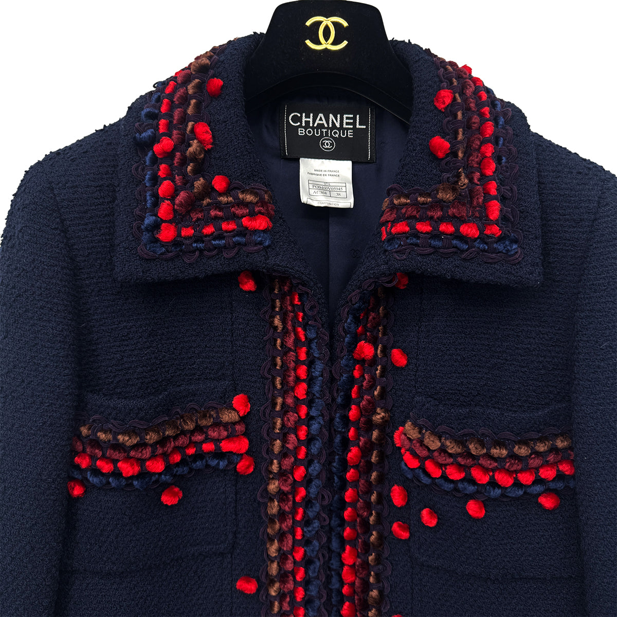 CHANEL VINTAGE TWEED JACKET NAVY RED WOOL 38 97A RTW 90284427
