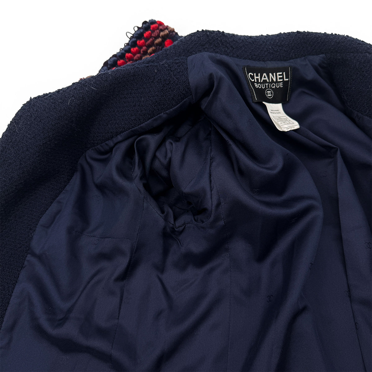 CHANEL VINTAGE TWEED JACKET NAVY RED WOOL 38 97A RTW 90284427