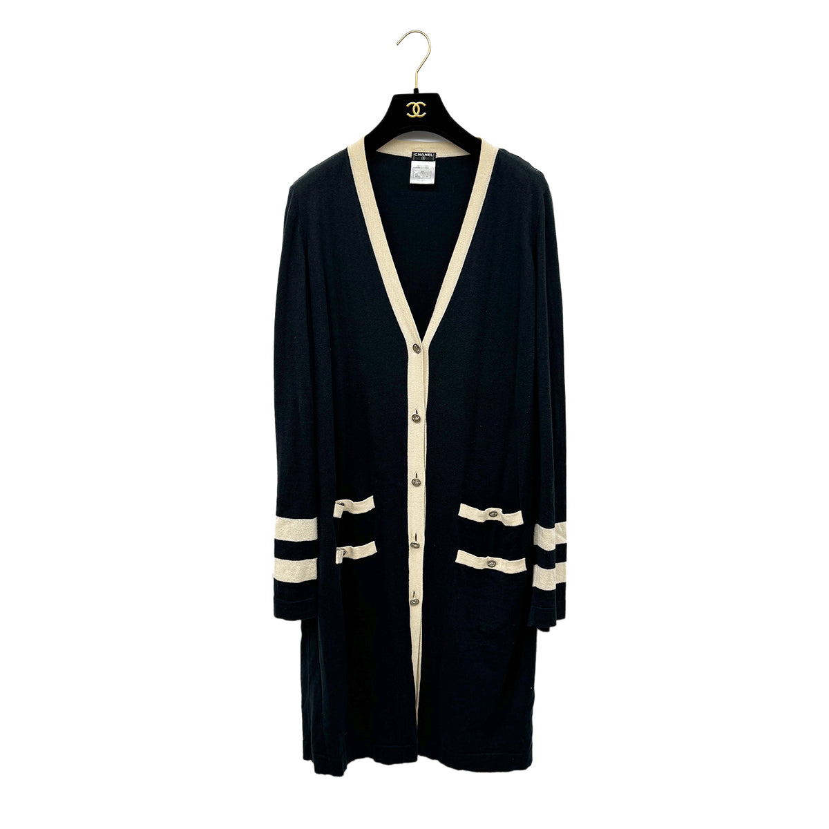 CHANEL VINTAGE COCO BUTTON LONG CARDIGAN TOPS BLACK COTTON CASHMERE 44 08P RTW 90284428