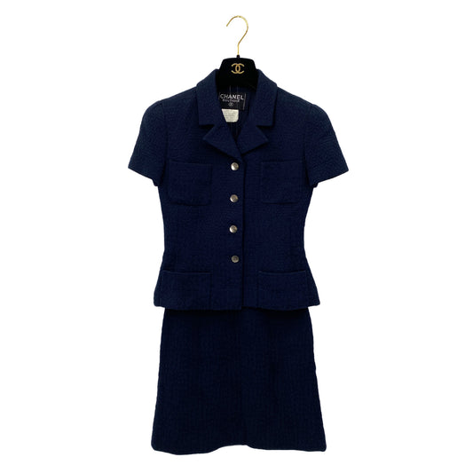 CHANEL VINTAGE JACKET SKIRT SET COCO BUTTON NAVY COTTON 38 97C RTW 90284434