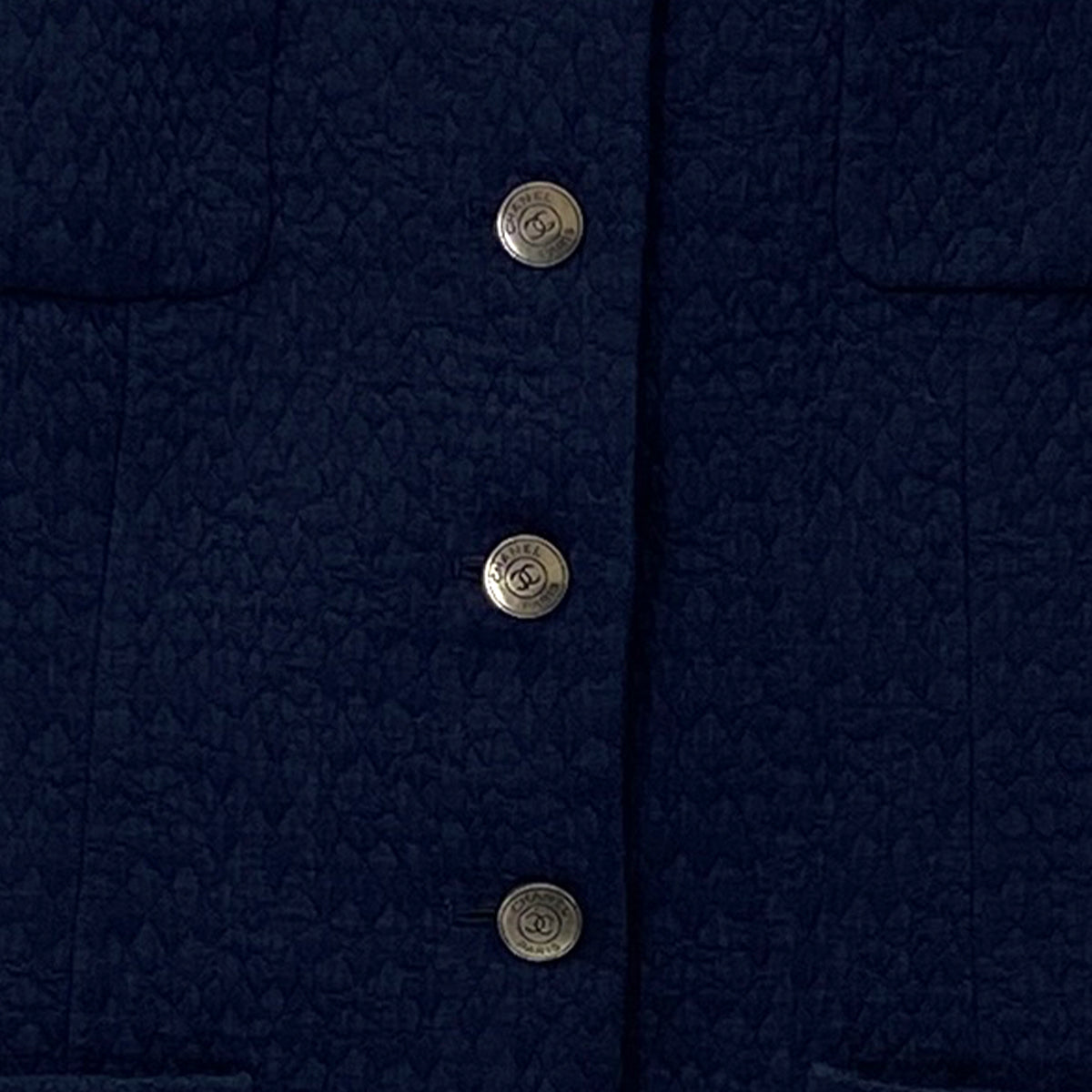 CHANEL VINTAGE JACKET SKIRT SET COCO BUTTON NAVY COTTON 38 97C RTW 90284434