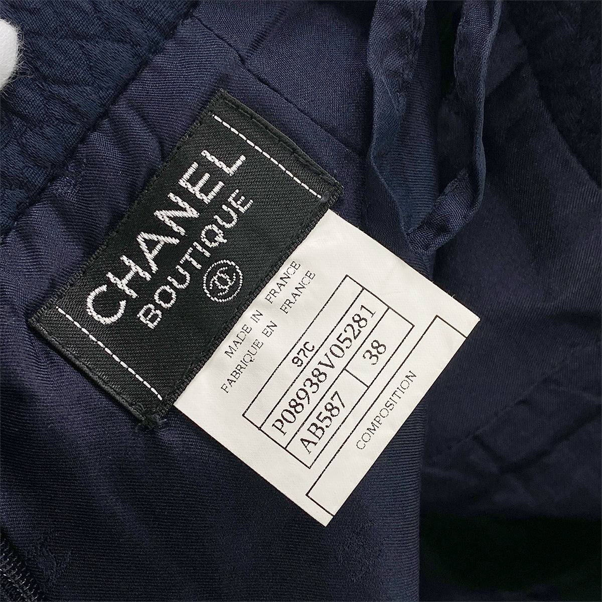 CHANEL VINTAGE JACKET SKIRT SET COCO BUTTON NAVY COTTON 38 97C RTW 90284434