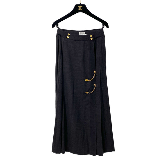 CHANEL COCO  BUTTON GOLD CHAIN PLEATED SKIRT GRAY WOOL 36 RTW 90284435