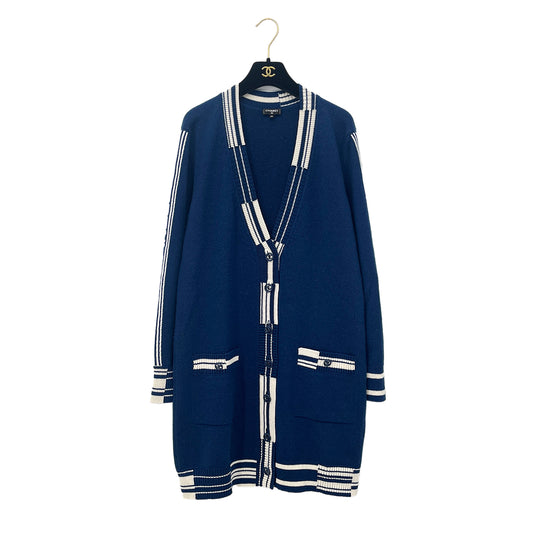 CHANEL COCO BUTTON LONG CARDIGAN TOPS LOGO BLUE WHITE CASHMERE 38 P60 RTW 90284440