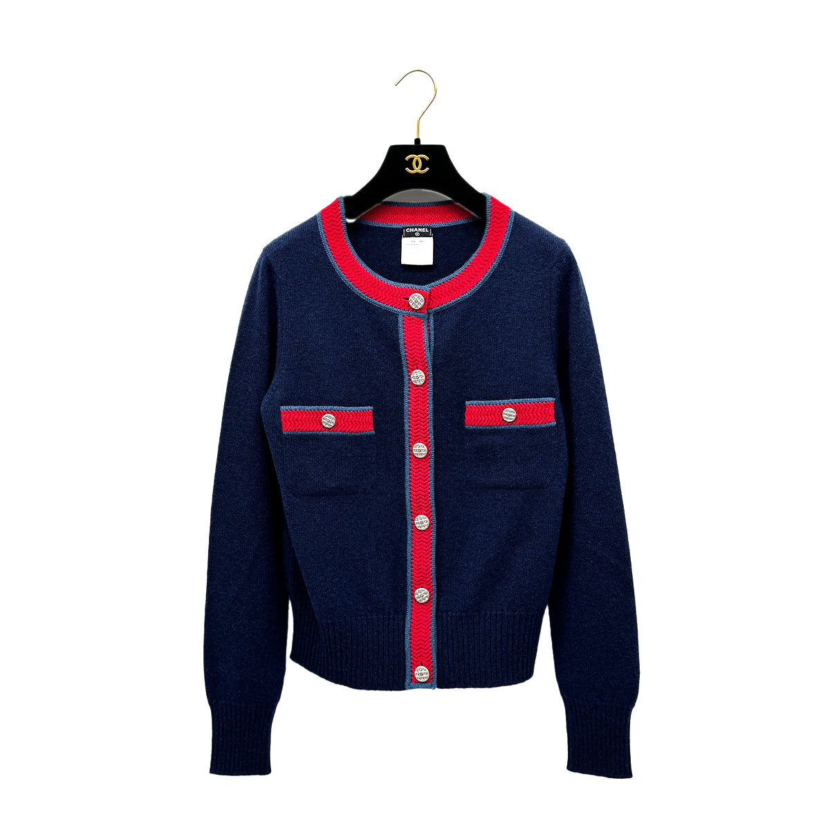 CHANEL VINTAGE COCO BUTTON KINT CARDIGAN NAVY RED CASHMERE 40 P45 RTW 90284443