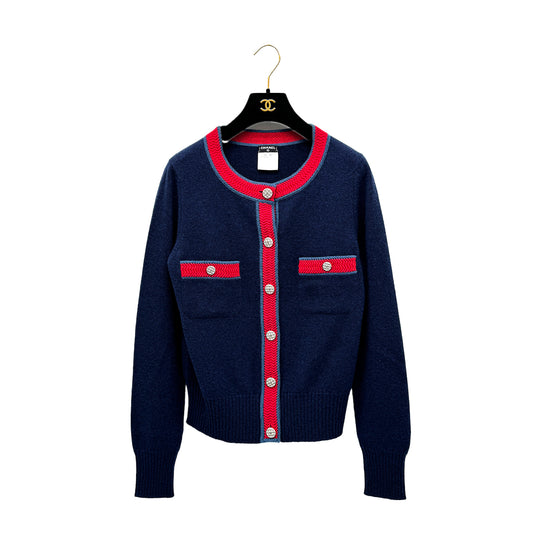 CHANEL VINTAGE COCO BUTTON KINT CARDIGAN NAVY RED CASHMERE 40 P45 RTW 90284443