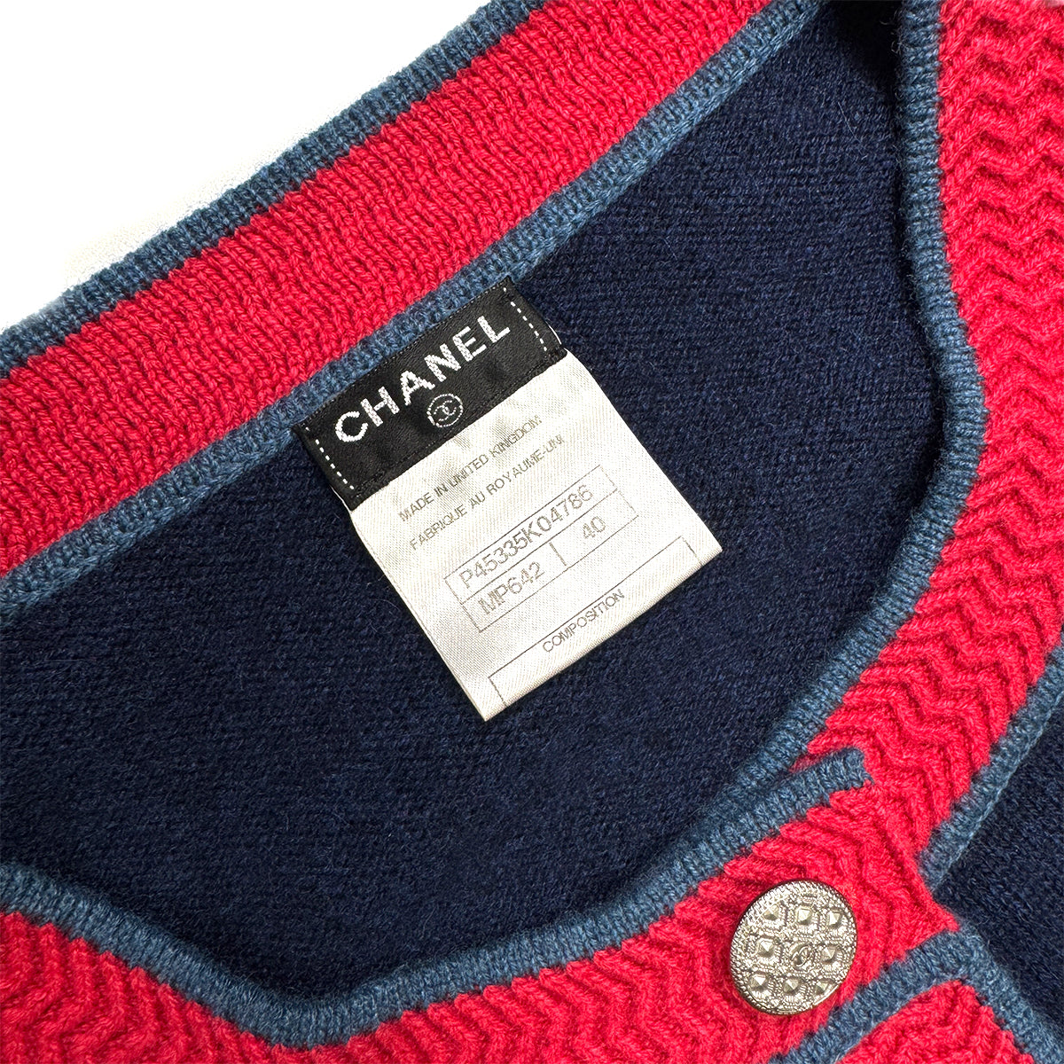 CHANEL VINTAGE COCO BUTTON KINT CARDIGAN NAVY RED CASHMERE 40 P45 RTW 90284443