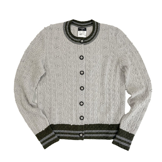 CHANEL CARDIGAN RHINESTONE BUTTON GRAY KAHKI CASHMERE 40 P52 RTW 90284444