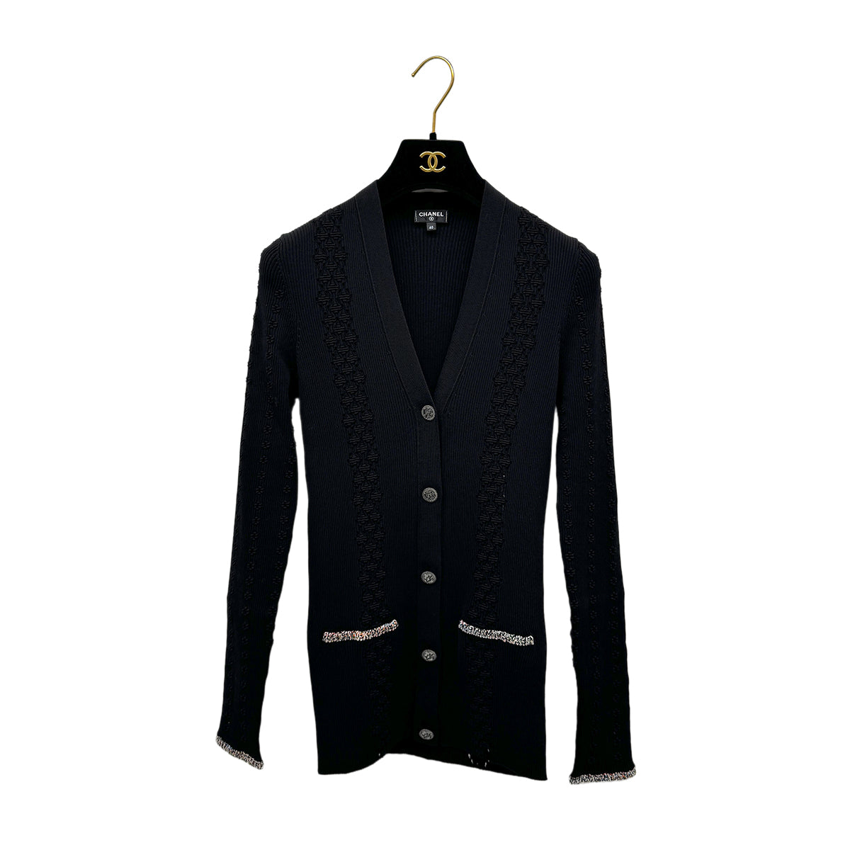 CHANEL VINTAGE LOGO BUTTON CARDIGAN TOPS BLACK COTTON 40 P55 RTW 90284446