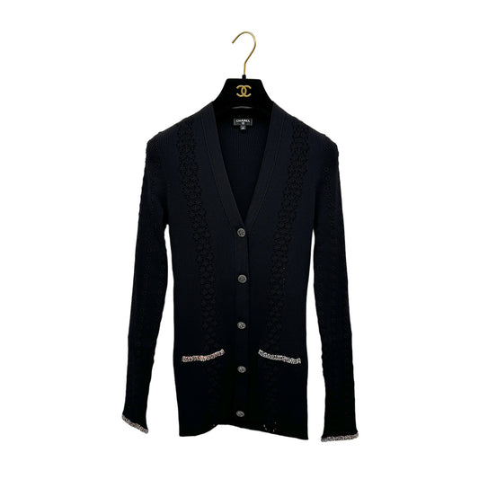CHANEL VINTAGE LOGO BUTTON CARDIGAN TOPS BLACK COTTON 40 P55 RTW 90284446