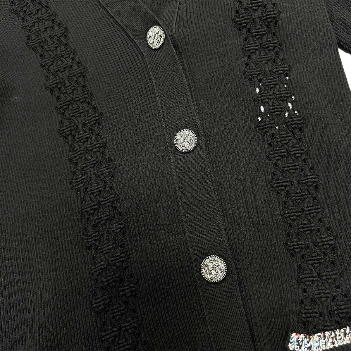 CHANEL VINTAGE LOGO BUTTON CARDIGAN TOPS BLACK COTTON 40 P55 RTW 90284446