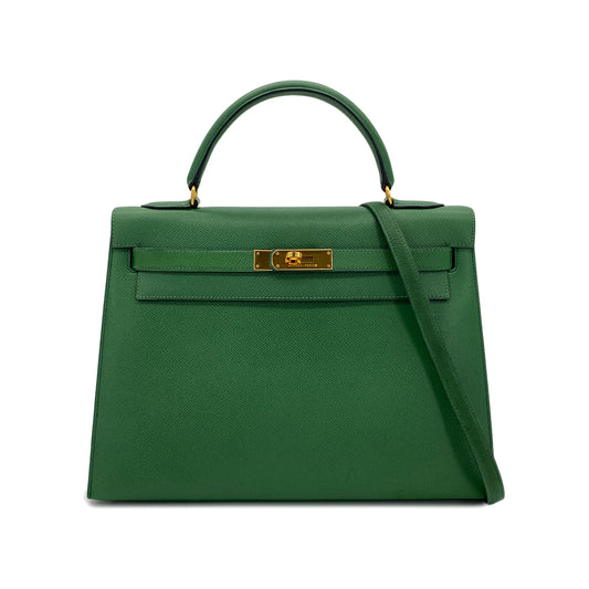 HERMES KELLY 32 SELLIER GREEN COUCHEVEL HAND SHOULDER BAG 〇W GHW 90284468