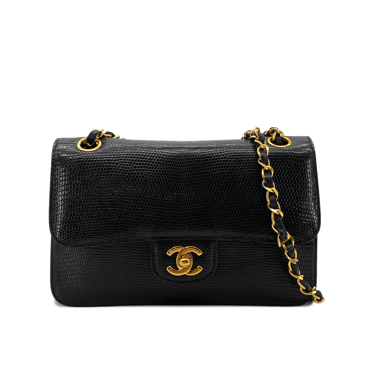 CHANEL VINTAGE CHAIN SHOULDER BAG BLACK LIZARD 90284556