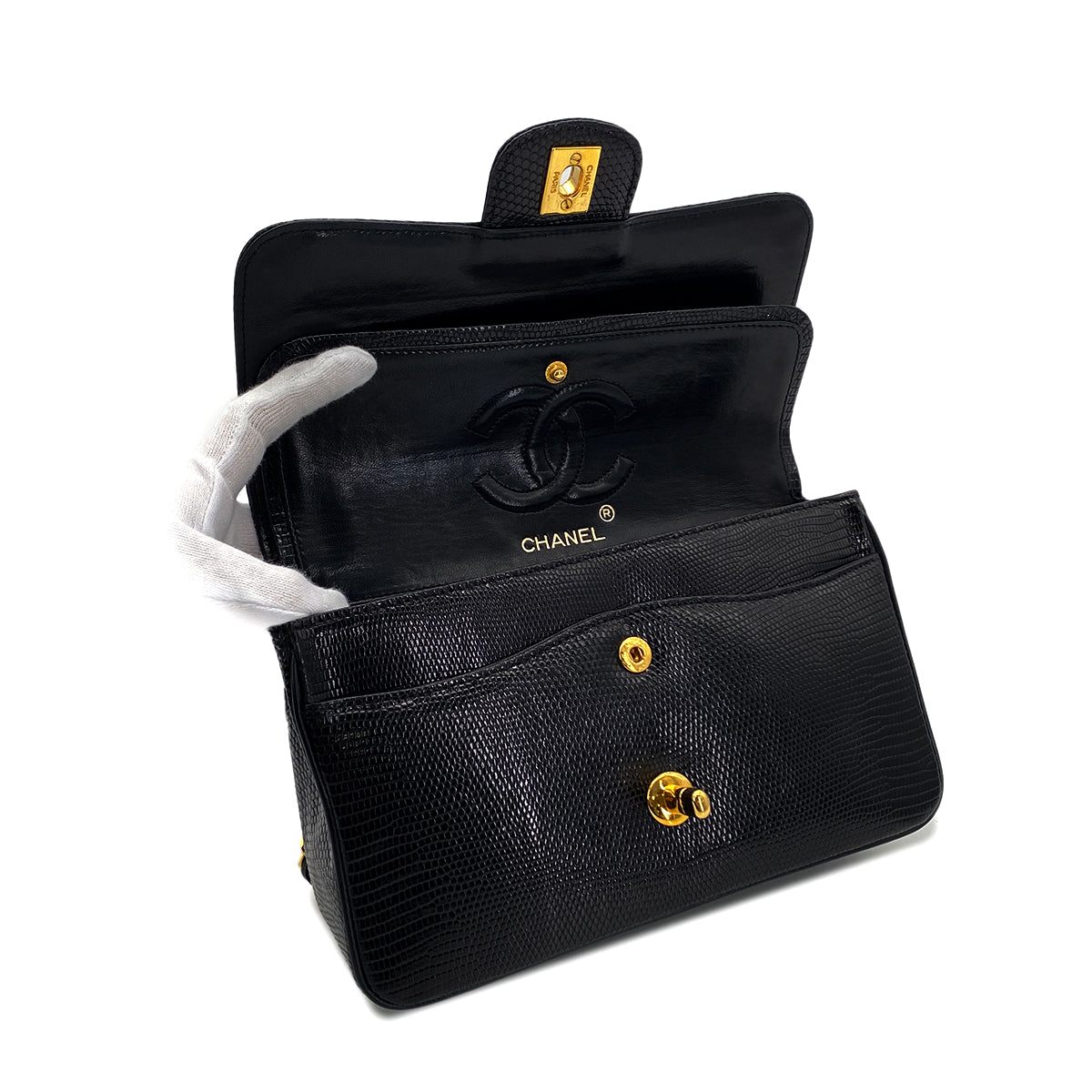 CHANEL VINTAGE CHAIN SHOULDER BAG BLACK LIZARD 90284556