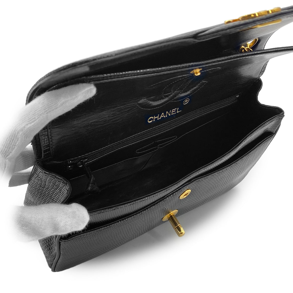 CHANEL VINTAGE CHAIN SHOULDER BAG BLACK LIZARD 90284556