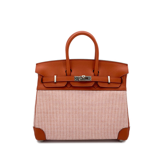 HERMES BIRKIN 25 BRIQUE CUIVRE MAUVE SYLVESTRE ECRU VEAU SWIFT TOILE QUADRILLE HAND BAG W SHW 90284564