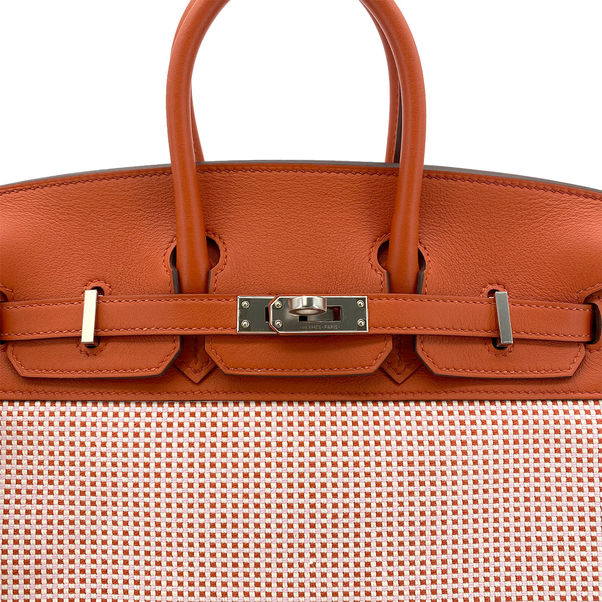 HERMES BIRKIN 25 BRIQUE CUIVRE MAUVE SYLVESTRE ECRU VEAU SWIFT TOILE QUADRILLE HAND BAG W SHW 90284564