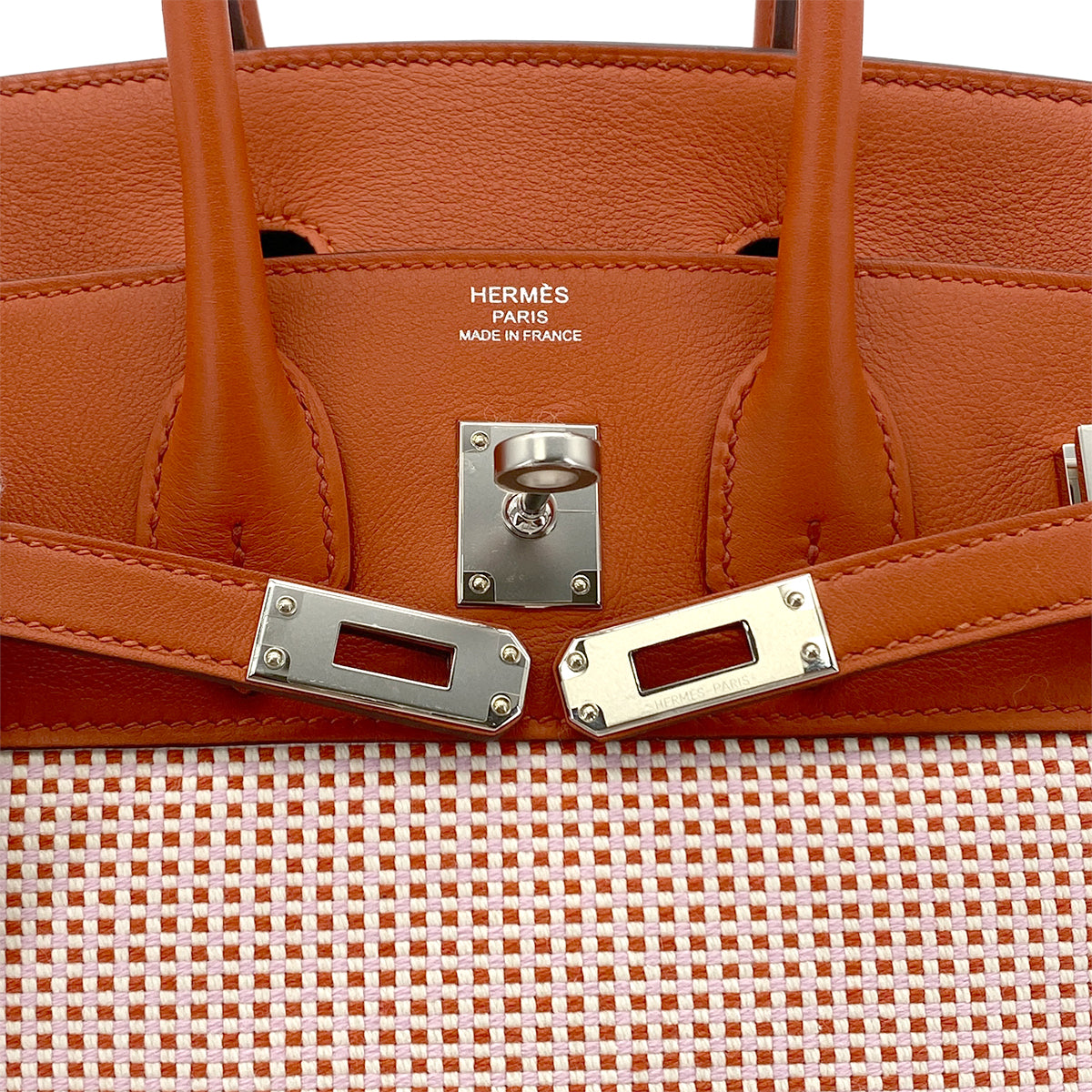 HERMES BIRKIN 25 BRIQUE CUIVRE MAUVE SYLVESTRE ECRU VEAU SWIFT TOILE QUADRILLE HAND BAG W SHW 90284564