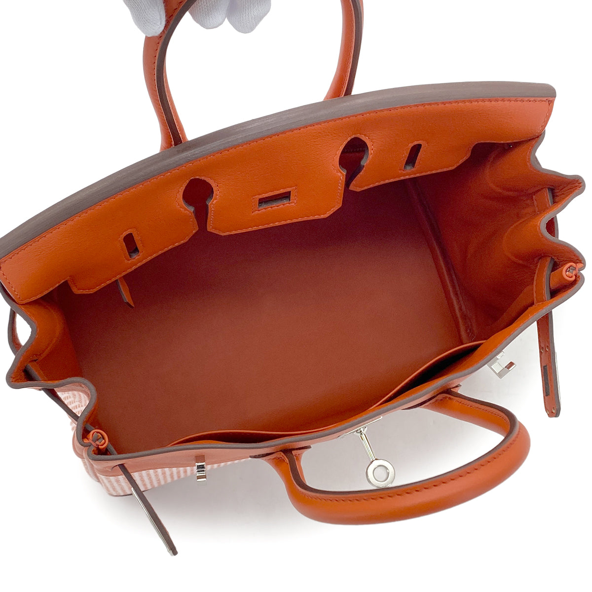 HERMES BIRKIN 25 BRIQUE CUIVRE MAUVE SYLVESTRE ECRU VEAU SWIFT TOILE QUADRILLE HAND BAG W SHW 90284564