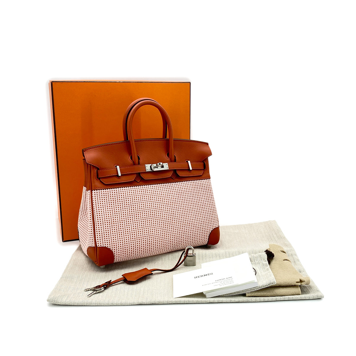 HERMES BIRKIN 25 BRIQUE CUIVRE MAUVE SYLVESTRE ECRU VEAU SWIFT TOILE QUADRILLE HAND BAG W SHW 90284564