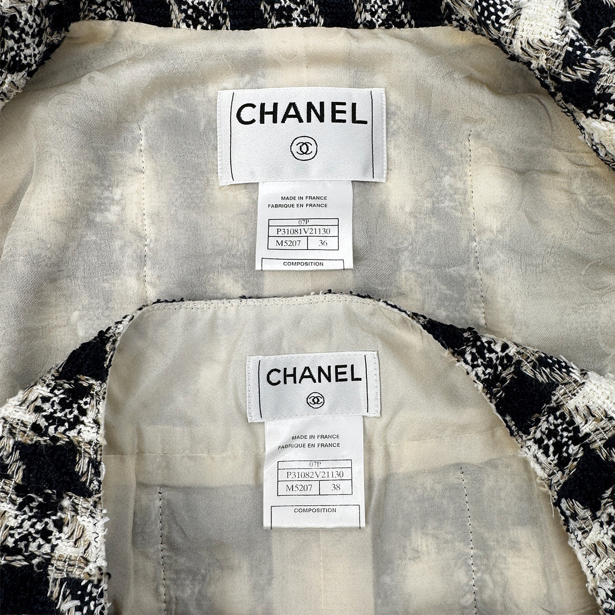 CHANEL TWEED JACKET SKIRT SET COCOMARK RHINESTONE BLACK WHITE COTTON 36 07P RTW 90284578