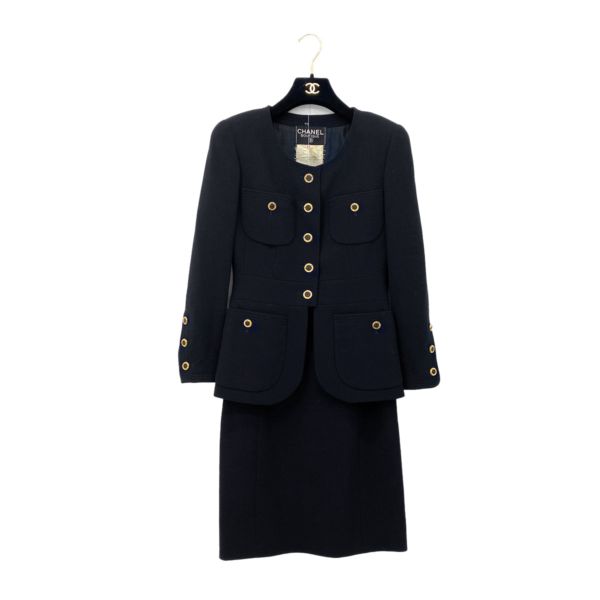 CHANEL VINTAGE COCO BUTTON FOUR POCKET WOOL JACKET SKIRT SET BLACK 36 RTW 90284580