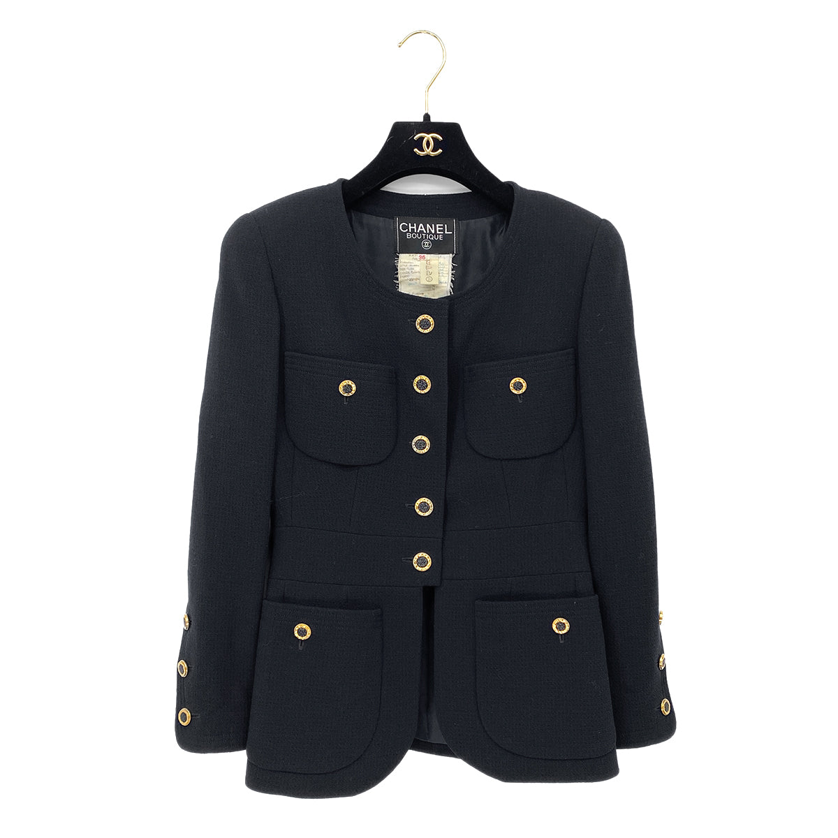 CHANEL VINTAGE COCO BUTTON FOUR POCKET WOOL JACKET SKIRT SET BLACK 36 RTW 90284580