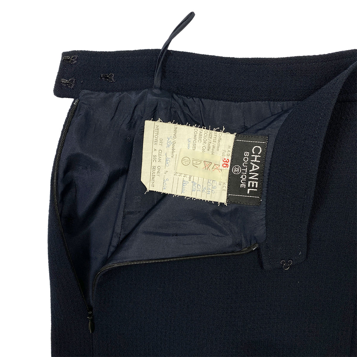 CHANEL VINTAGE COCO BUTTON FOUR POCKET WOOL JACKET SKIRT SET BLACK 36 RTW 90284580