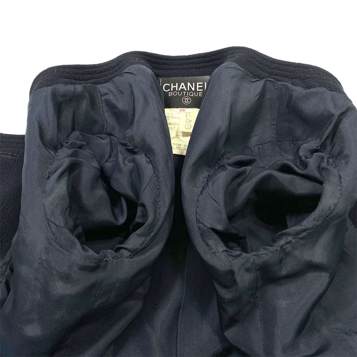 CHANEL VINTAGE COCO BUTTON FOUR POCKET WOOL JACKET SKIRT SET BLACK 36 RTW 90284580
