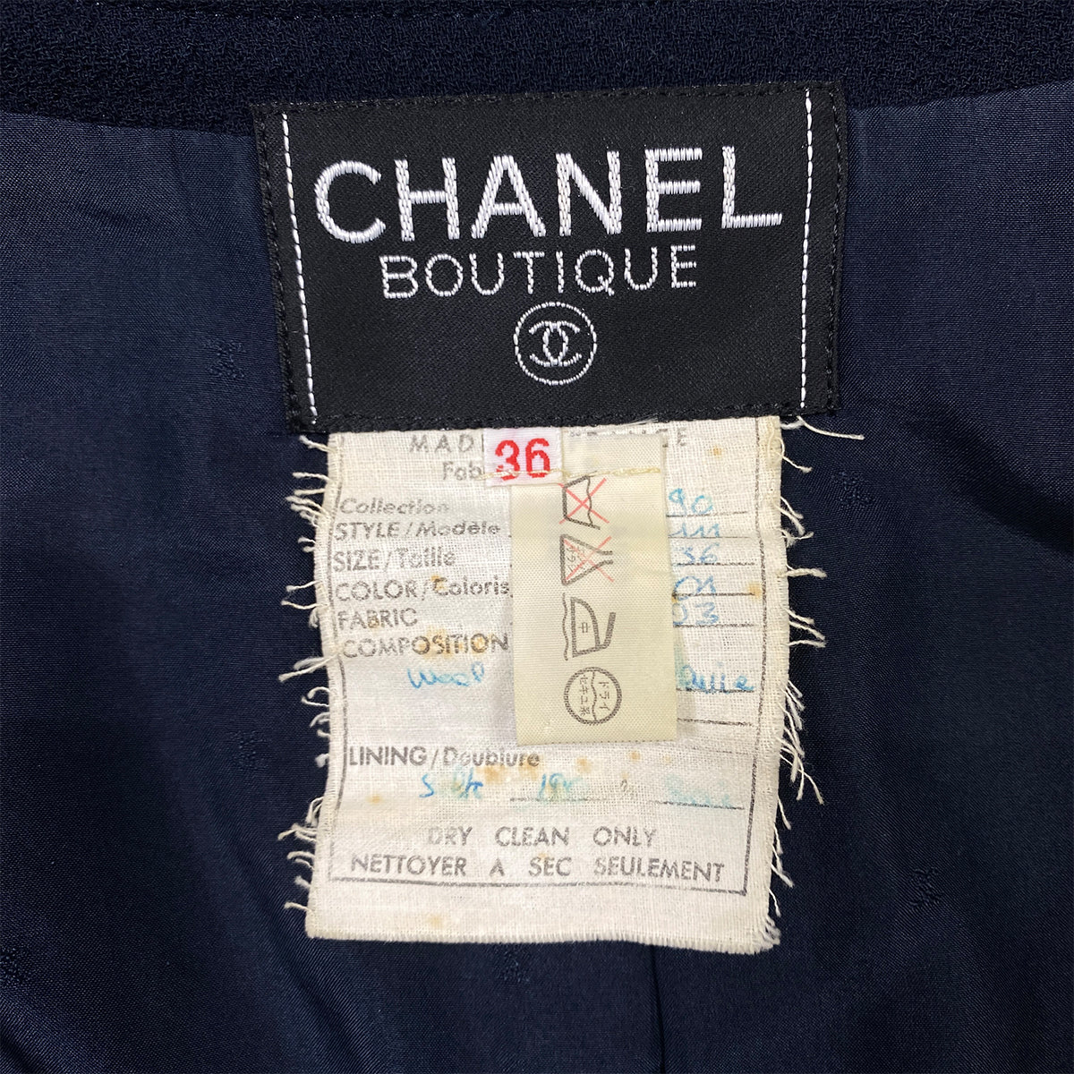 CHANEL VINTAGE COCO BUTTON FOUR POCKET WOOL JACKET SKIRT SET BLACK 36 RTW 90284580