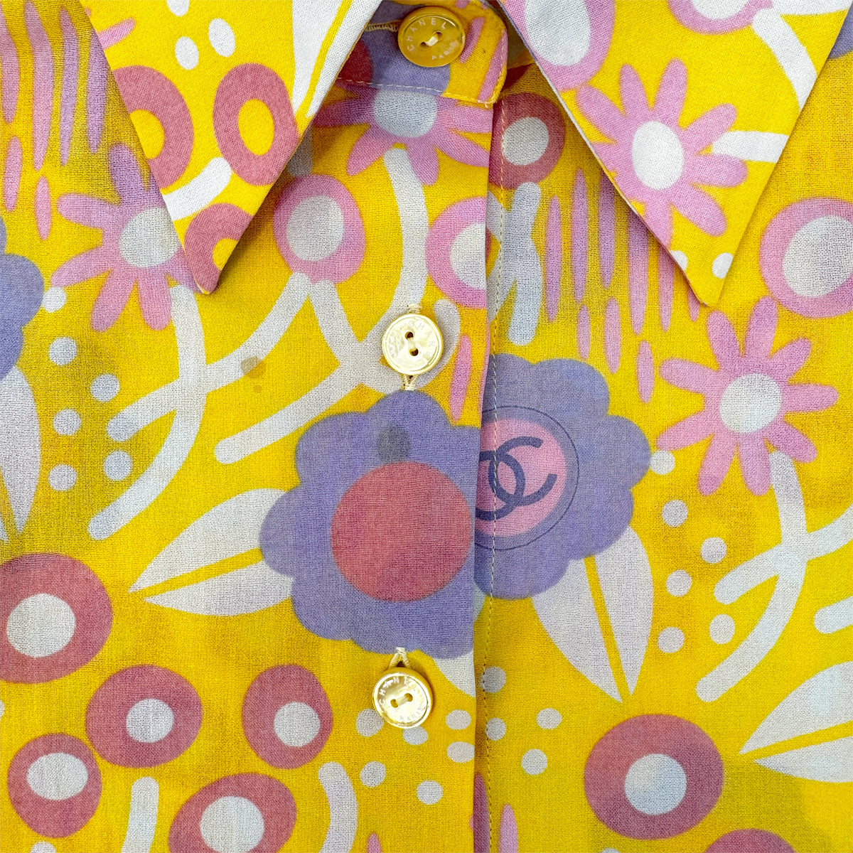 CHANEL COCO CAMELLIA PATTERN SHIRT SLEEVELESS TOP SKIRT SET YELLOW 36 03S RTW 90284581