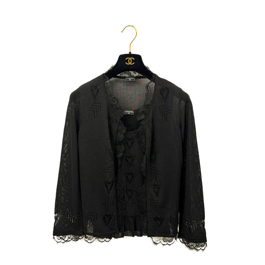 CHANEL CARDIGAN SLEEVELESS TOPS SET LACE HEART BLACK VISCOSE 36 06P RTW 90284582