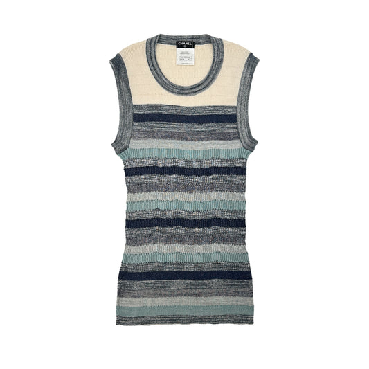 CHANEL BORDER PATTERN SLEEVELESS TOPS COCOMARK BEIGE BLUE 40 P43 RTW 90284587