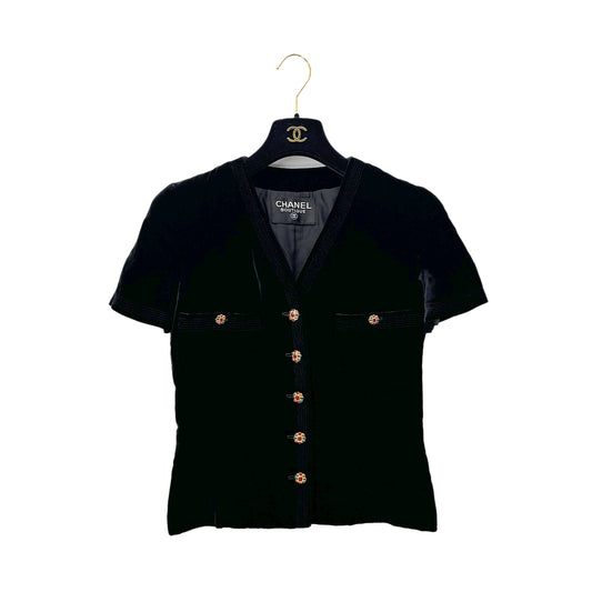 CHANEL GRIPOIX BUTTON VELOR HALF SLEEVE JACKET BLACK RAYON RTW 90284590
