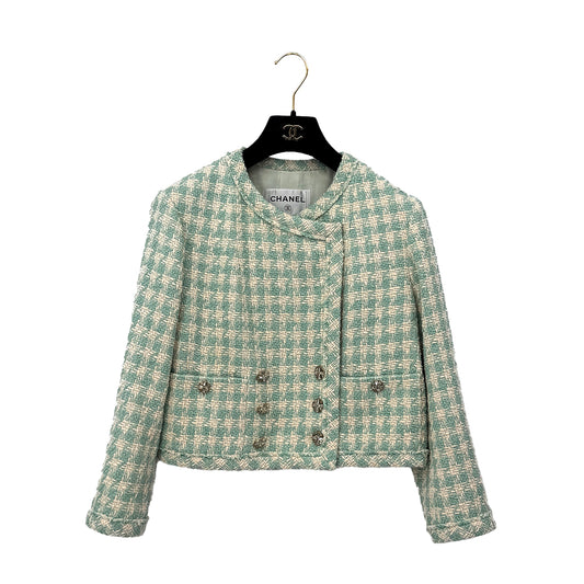 CHANEL TWEED JACKET RHINESTONE BUTTON LIGHT GREEN COTTON 36 P74 RTW 90284591