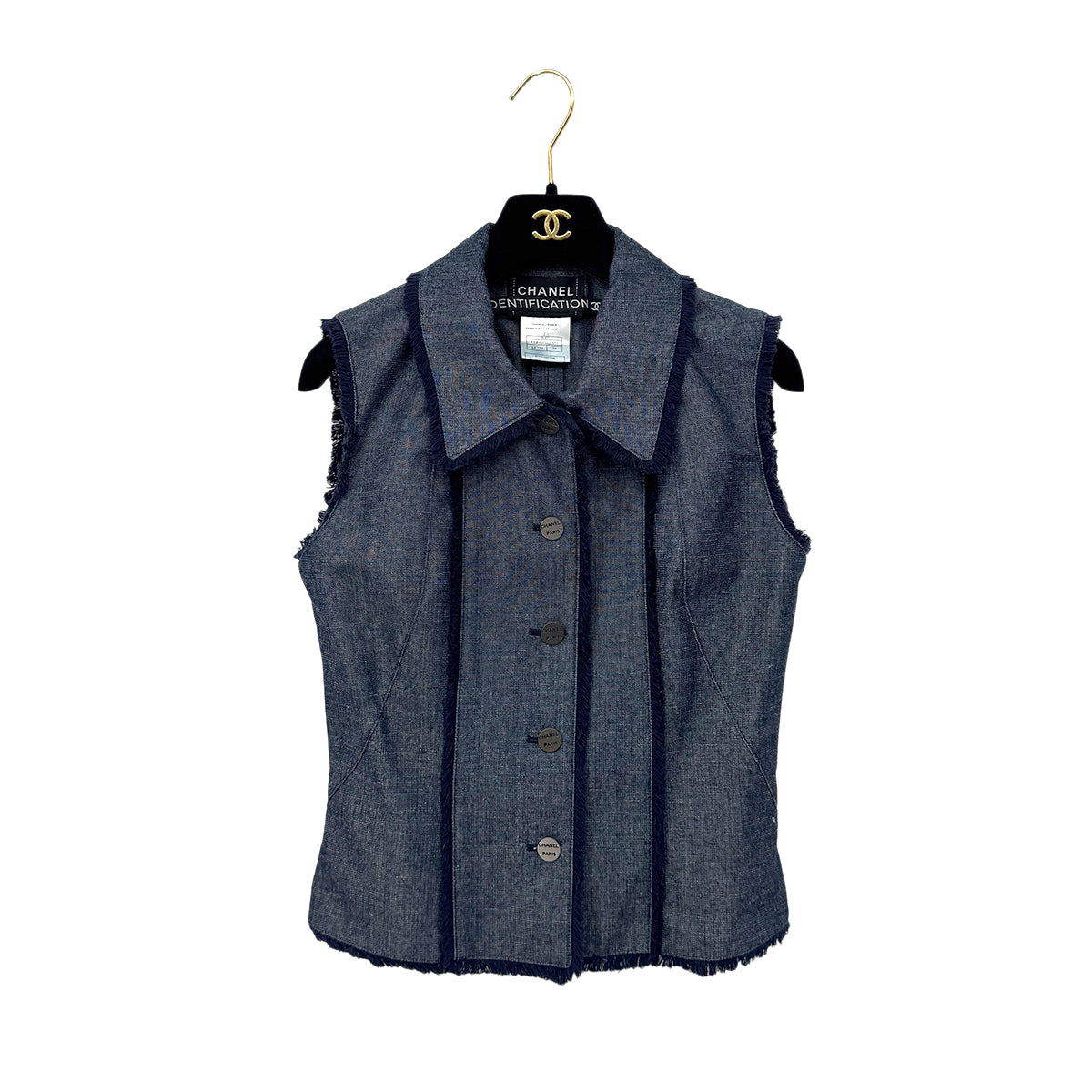 CHANEL VINTAGE IDENTIFICATION FRINGE DENIM VEST COTTON 38 P14 RTW 90284791