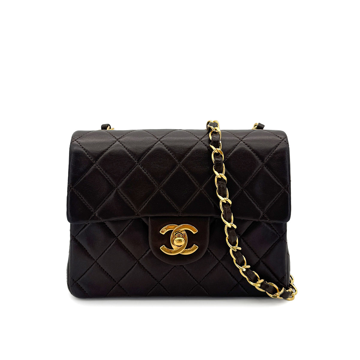CHANEL VINTAGE MINI SQUARE 17 CHAIN SHOULDER BAG DARK BROWN LAMB SKIN 90284866