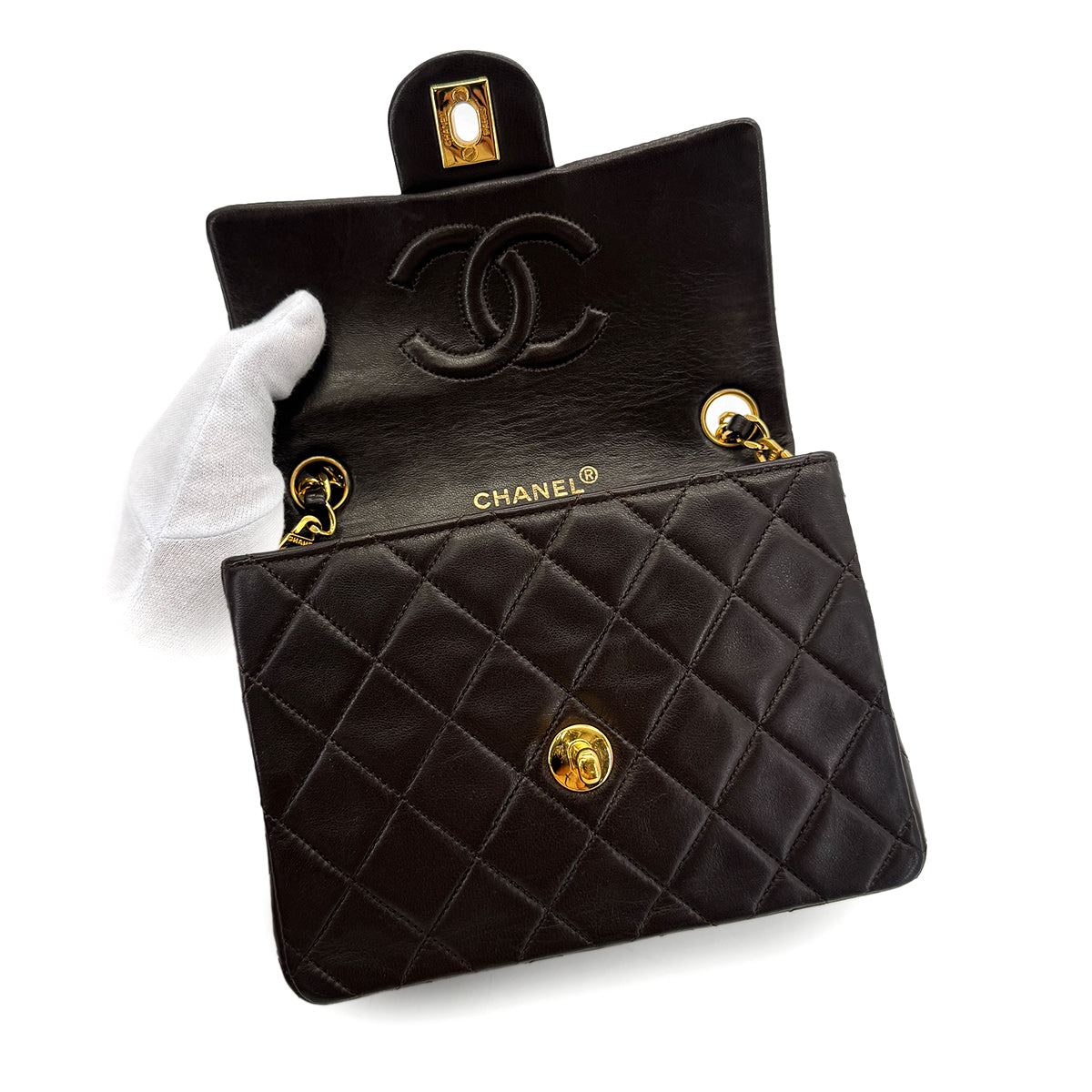 CHANEL VINTAGE MINI SQUARE 17 CHAIN SHOULDER BAG DARK BROWN LAMB SKIN 90284866