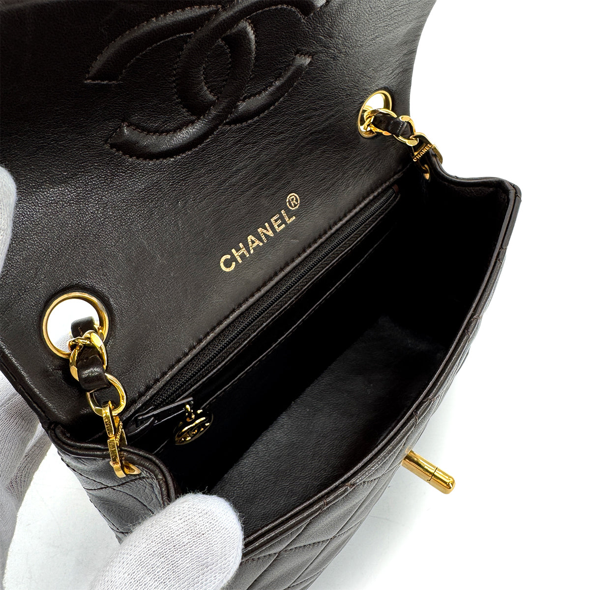 CHANEL VINTAGE MINI SQUARE 17 CHAIN SHOULDER BAG DARK BROWN LAMB SKIN 90284866