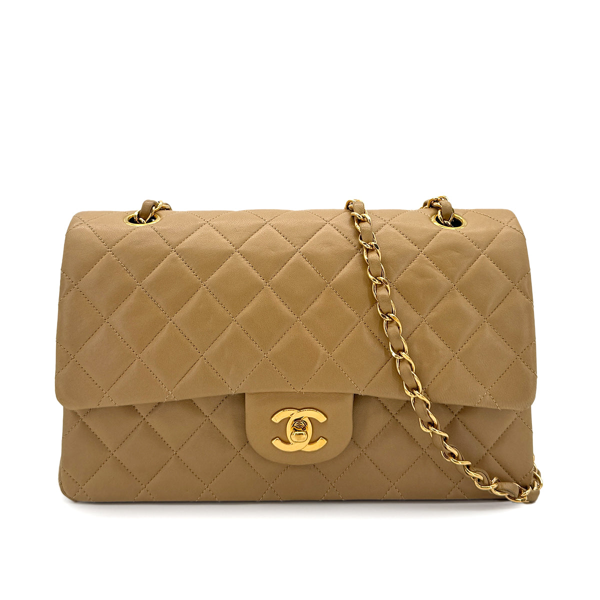 CHANEL VINTAGE CLASSIC FLAP MEDIUM CHAIN SHOULDER BAG BEIGE LAMB SKIN 90284868