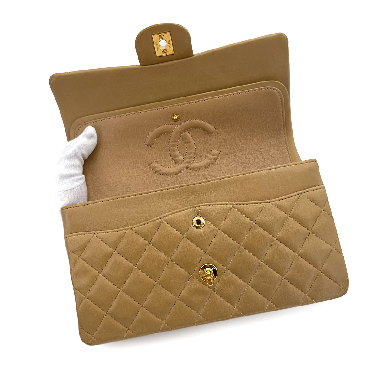 CHANEL VINTAGE CLASSIC FLAP MEDIUM CHAIN SHOULDER BAG BEIGE LAMB SKIN 90284868