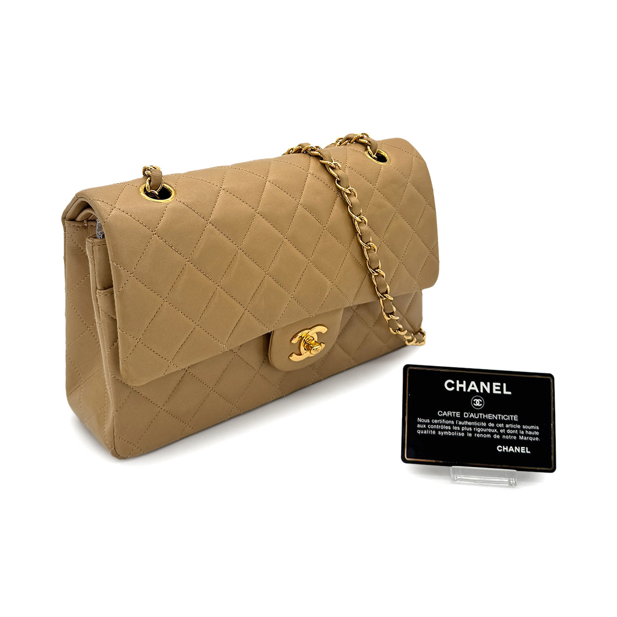 CHANEL VINTAGE CLASSIC FLAP MEDIUM CHAIN SHOULDER BAG BEIGE LAMB SKIN 90284868